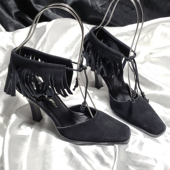 NEW BEE FLY black suede fringe ankle strap square toe heels TOKYO SZ 6 - Picture 1 of 5